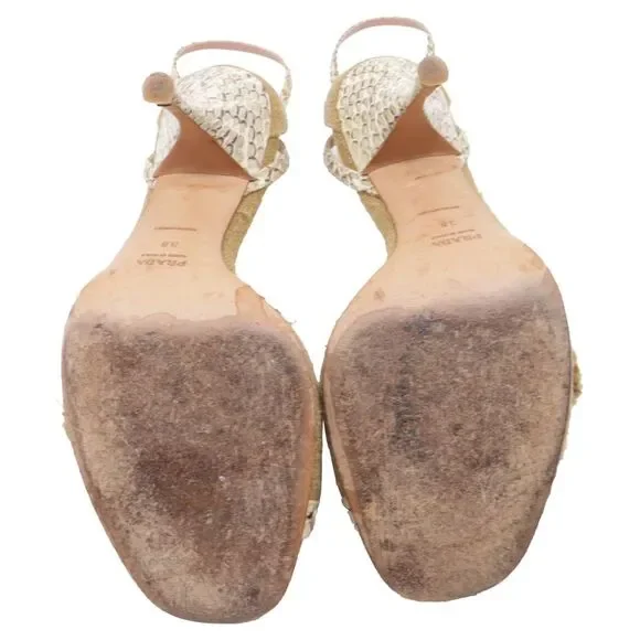 Prada Embellished Snakeskin Accent Sandal Heels in Beige Jute Linen - Picture 8 of 12